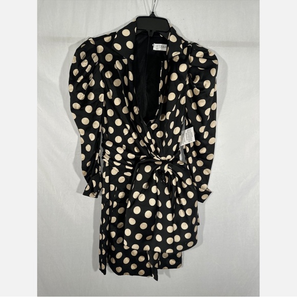 NEW IEENA Mac Duggal [ 0‎ ] Polka Dot Puff Sleeve Soft Tie Tuxedo Dress Black - Picture 9 of 16